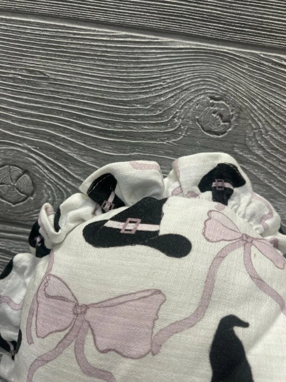 Heart Shaped Witch Hat and Bows Print Pillow Pink & Black Ruffle Trim 14”